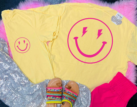 *DTF* Neon Pink Smiley Bolt Front Pocket and Big On Back Design Butter Comfort Color