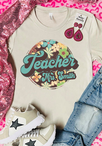 *Custom* Teacher Retro Flowers Tan Tee