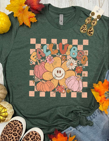 *DTF* Fall Vibes Checkered Background Forest Green Tee