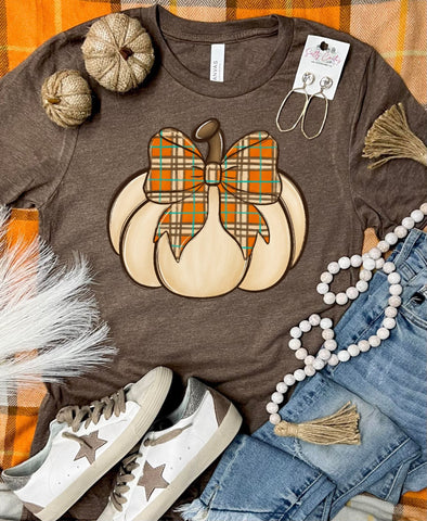 *DTF* Cream Plaid Pumpkin Brown Tee