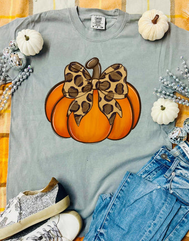 *DTF* Leopard Pumpkin Bow on Grey Comfort Color