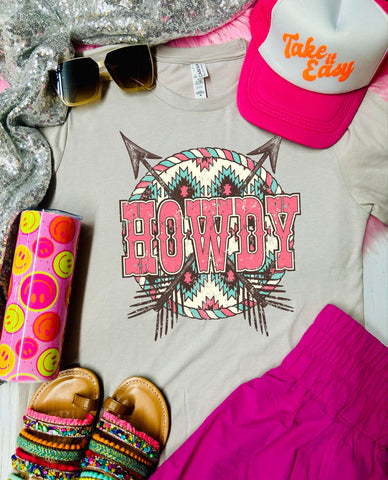 Howdy Pink Aztec Tan Tee