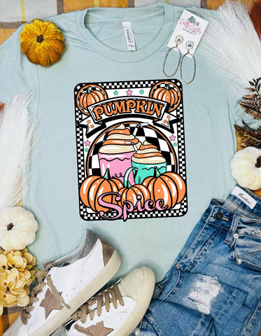 *DTF* Retro Digital Pumpkin Spice Dusty Blue Tee