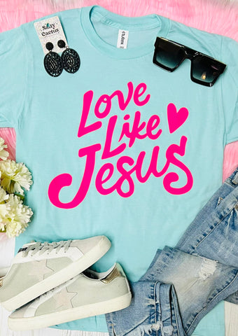 *RTS* Love Like Jesus Cursive Neon Pink Design on Heather Purist Blue Tultex