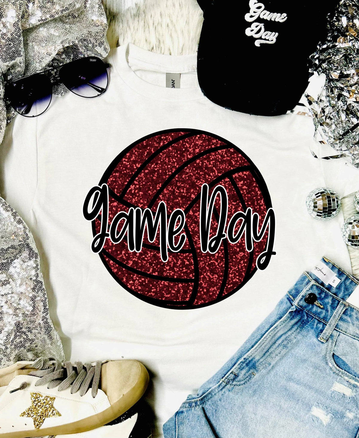 Glitter Volleyball Game Day White Tee