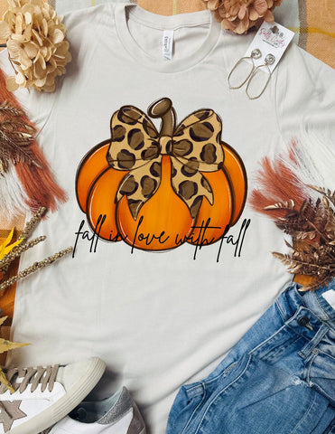 Fall in Love With Fall Leopard Pumpkin Bow Tan Tee