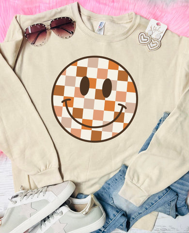 Fall Checkered Smile Tan Sweatshirt