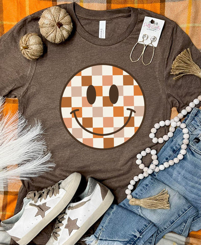 *DTF* Fall Checkered Smile Brown Tee