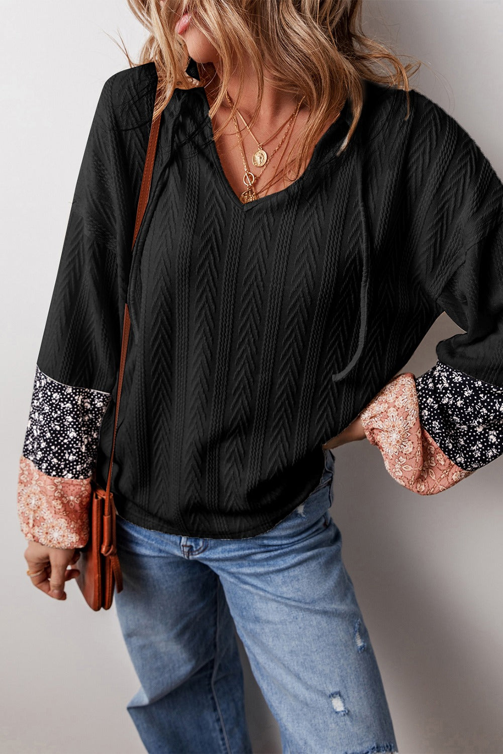 Textured Patchwork Sleeve Drawstring Top