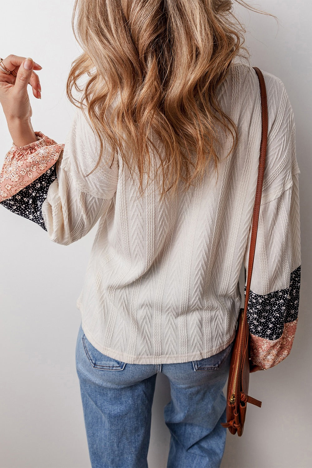 Textured Patchwork Sleeve Drawstring Top