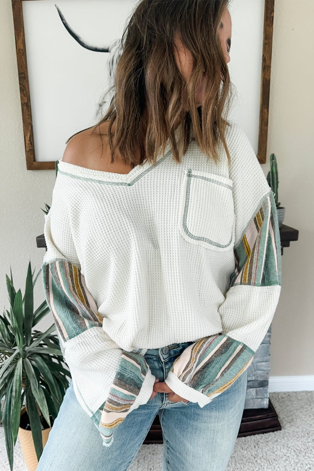 Striped Patchwork Waffle Knit Top