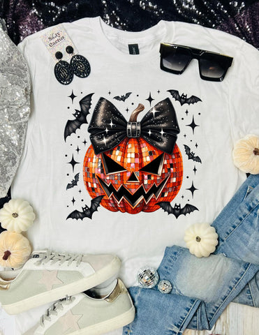 Pumpkin Bat Black Bow White Tee