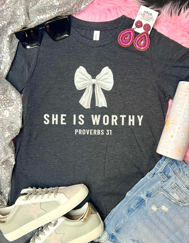 *DTF* She Is Worthy White Bow Dark Grey Tee