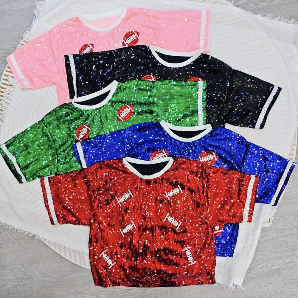 Sequin Football Round Neck Cropped Top