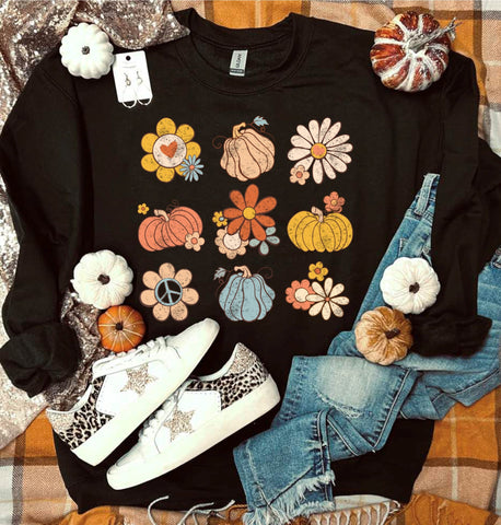 *DTF* Vintage Fall Flowers and Pumpkins Black Sweatshirt