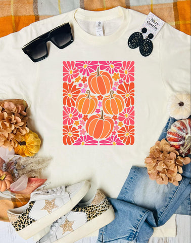 *DTF* Neon Colors Floral Pumpkins Natural Tultex Tee