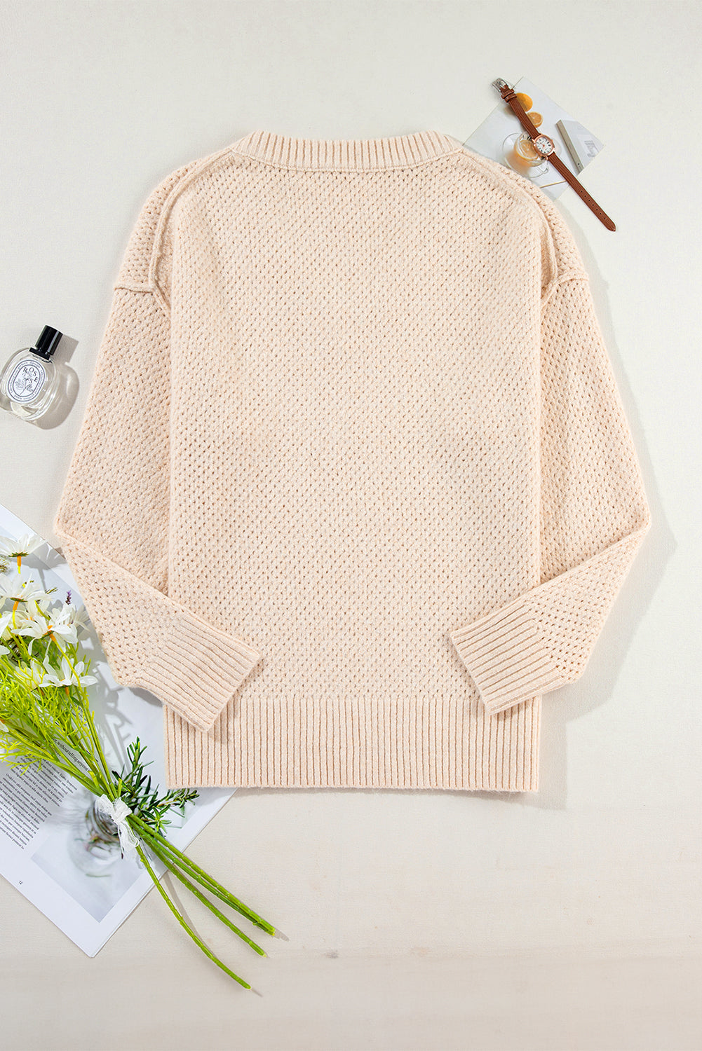 Light Grey Loose Eyelet V Neck Drop Shoulder Sweater