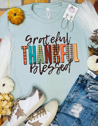 Thankful Plaid Dusty Blue Tee