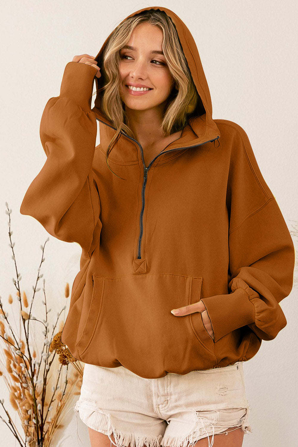 Beige Ribbed Trim Kangaroo Pocket Zipped Hoodie