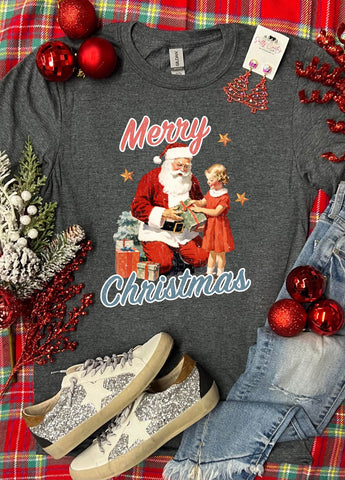 *DTF* Santa Little Girl Merry Christmas Dark Grey Tee