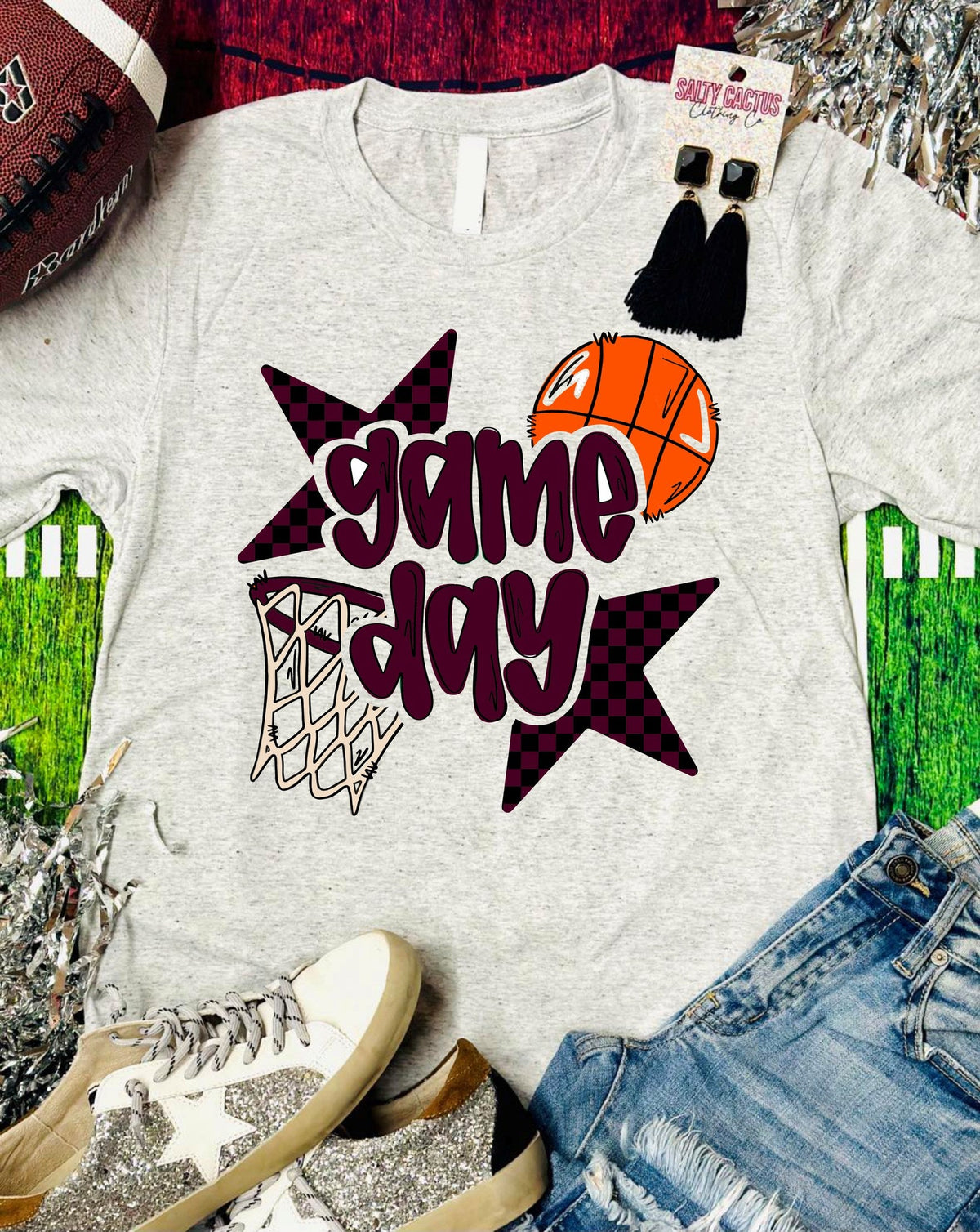 Basketball Game Day Checkered Star Ash Grey Tee