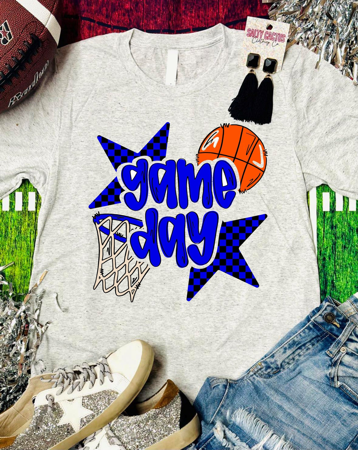 Basketball Game Day Checkered Star Ash Grey Tee