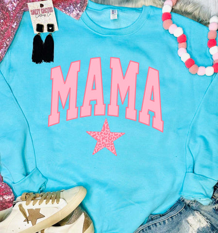 *DTF* Pink Leopard Star Mama Aqua Blue Sweatshirt