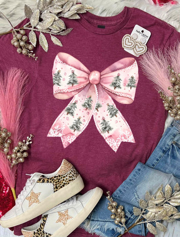 *DTF* Pink Christmas Bow Trees Maroon tee