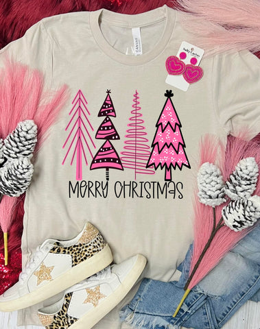 Merry Christmas Pink Trees Tan Tee