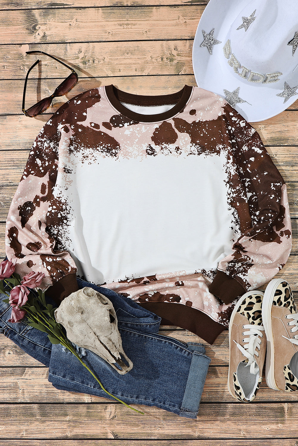 Brown Bleached Tie Dye Leopard Print Long Sleeve Top