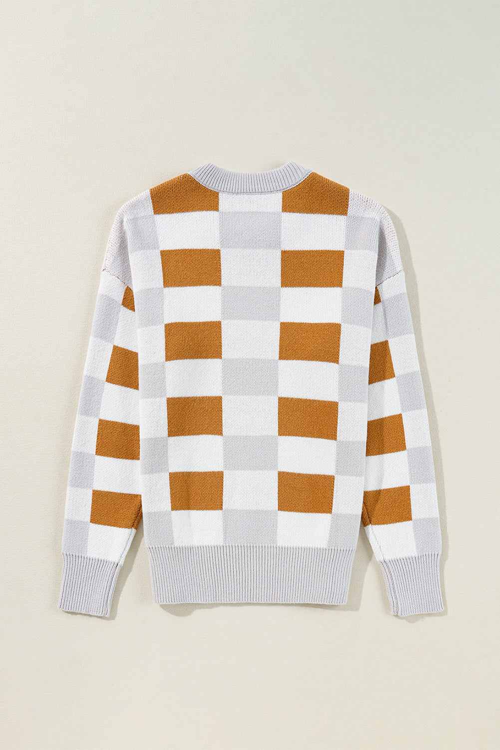 Orange Checkered Ribbed Edge O Neck Drop Shoulder Sweater