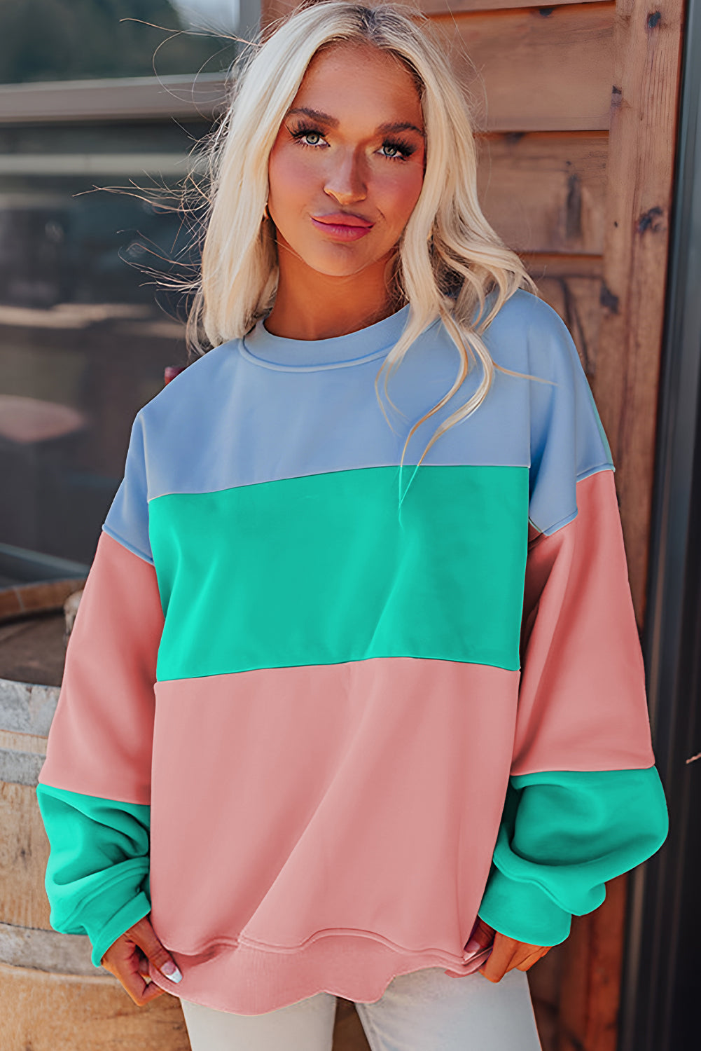 Sky Blue Colorblock Patchwork Drop Shoulder Sweatshirt