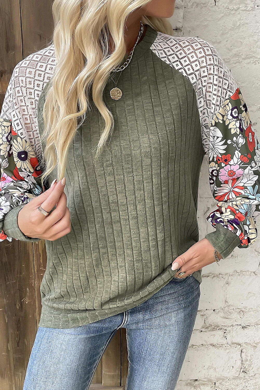 Cinnamon Floral Patchwork Long Sleeve Ribbed Blouse