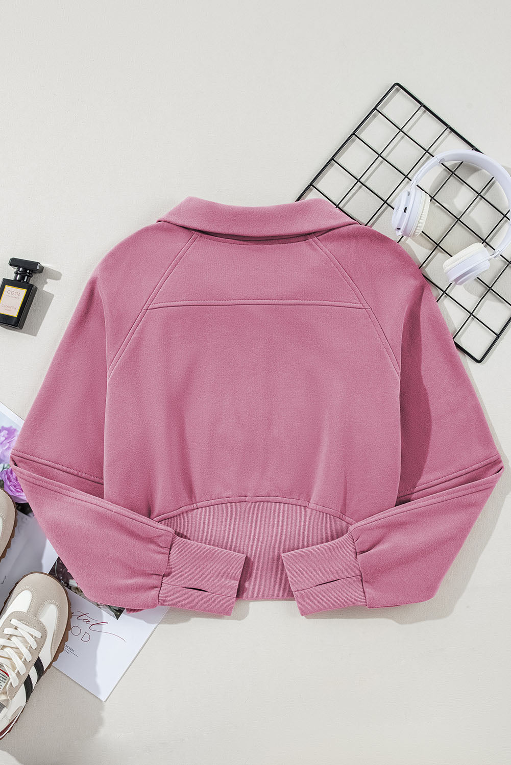 Bonbon Fleece Lined Zip Up Stand Collar Thumbhole Sleeve Sweatshirt