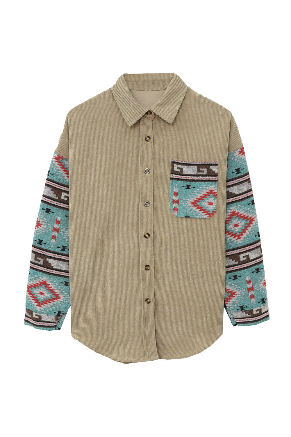 Khaki Aztec Pattern Sleeve Pocketed Corduroy Shacket