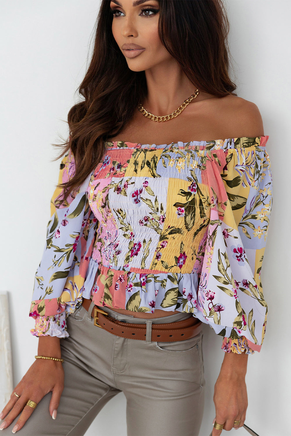 Multicolor Smocked Floral Frilled Trim Square Neck Blouse