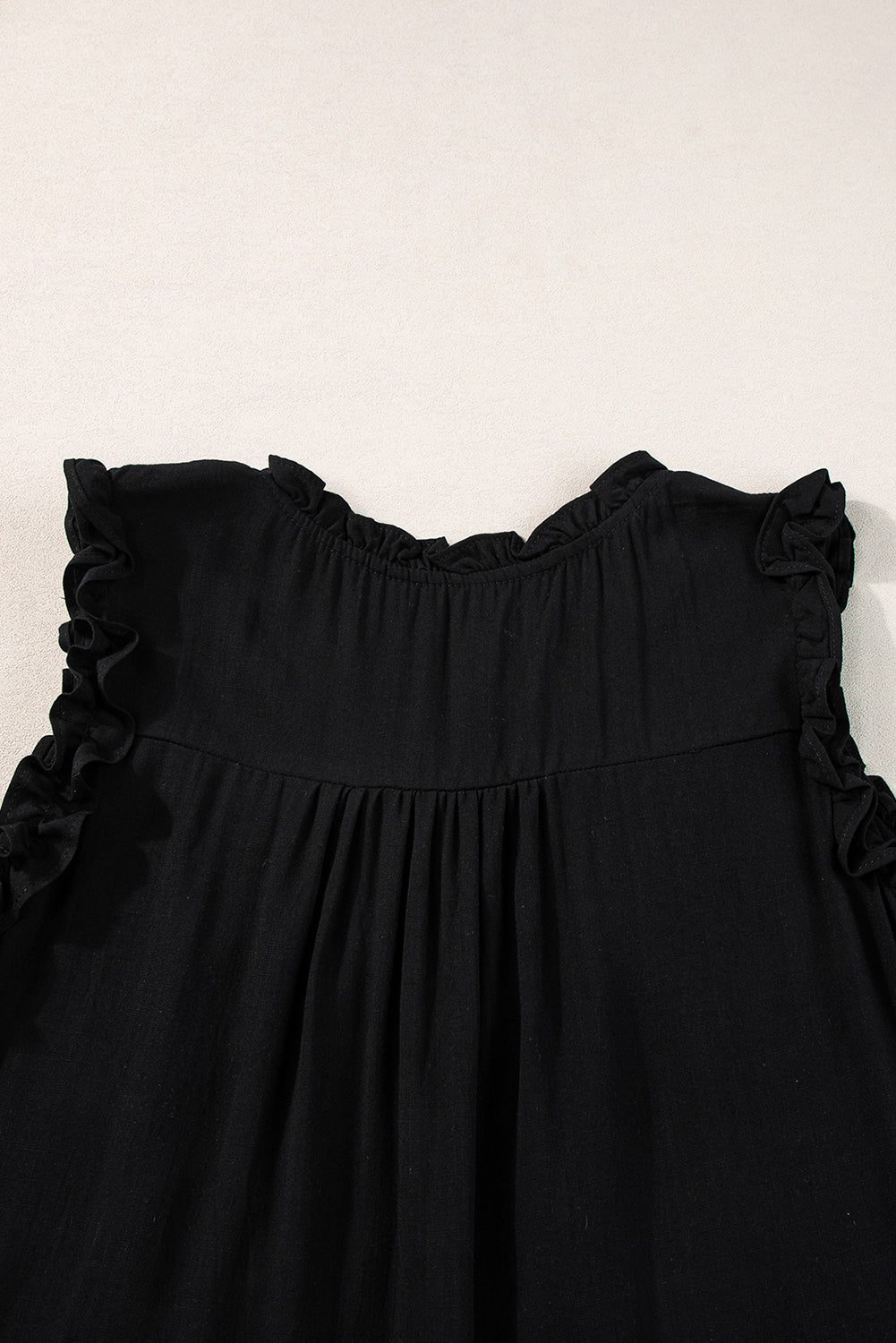 Black Button Split Neck Ruffled Trim Tank Top