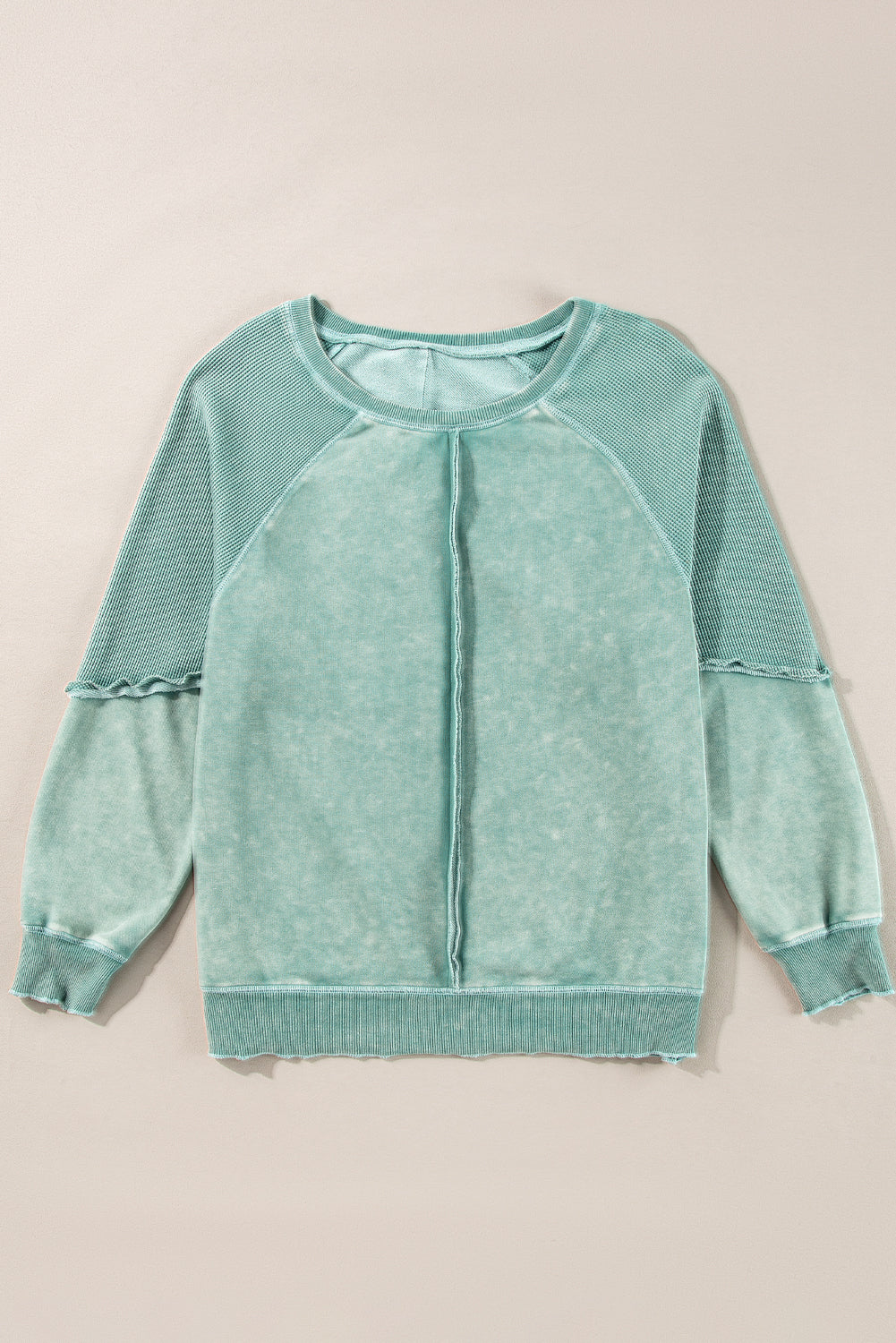 Pink Solid Waffle Knit Patchwork Raglan Sleeve Sweatshirt