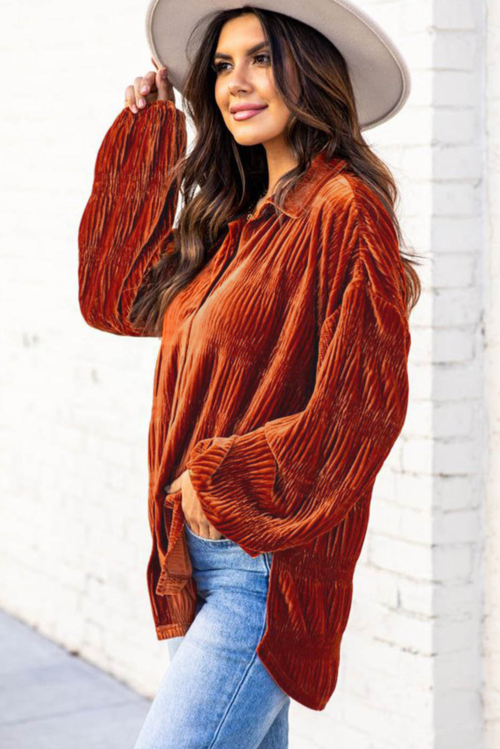 Brown Solid Color Textured Velvet Button Up Shirt