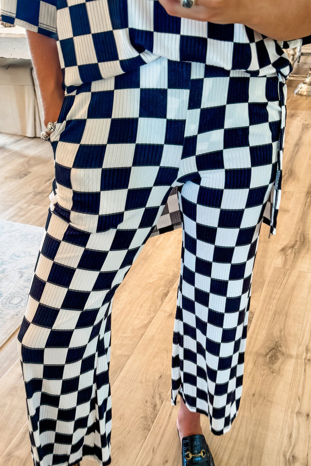 Checkered Tee and Flared Pants Set