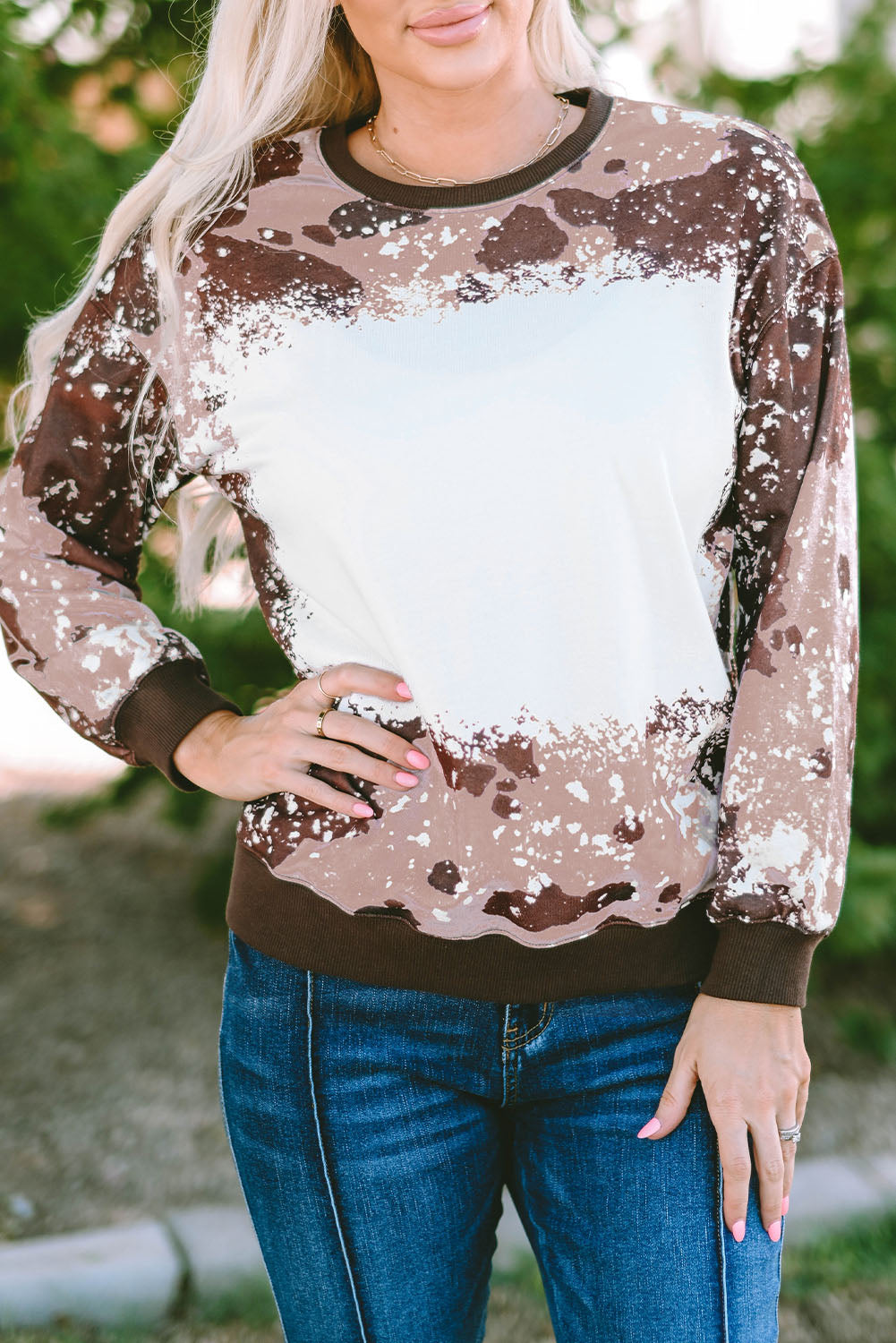 Brown Bleached Tie Dye Leopard Print Long Sleeve Top