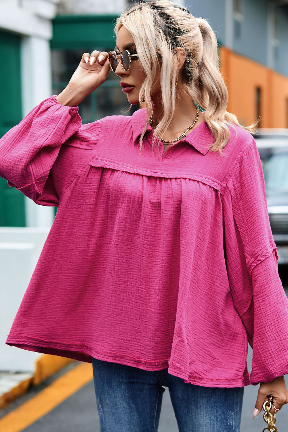 Rose Crinkle Collared V-Neck Bubble Sleeve Flowy Blouse