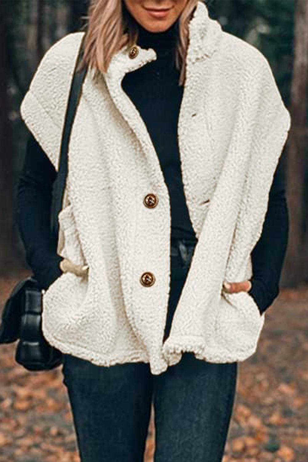 Beige Sherpa Cap Sleeve Stand Collar Jacket Vest