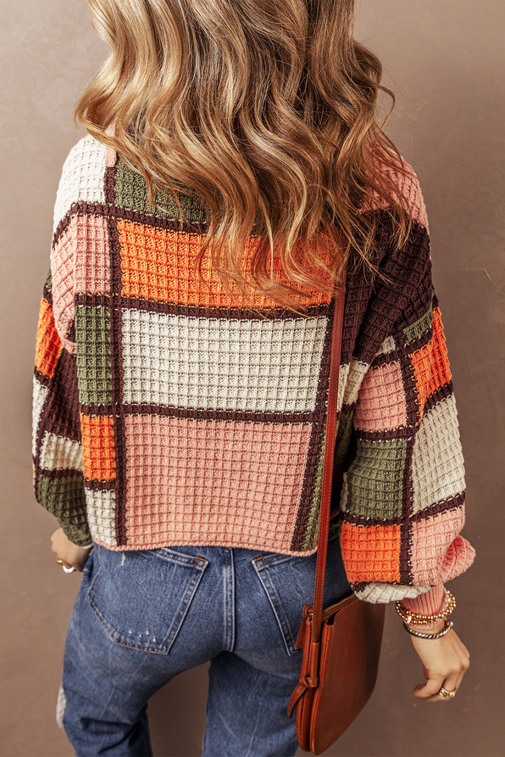 Color Block Waffle Drawstring Mock Neck Sweater