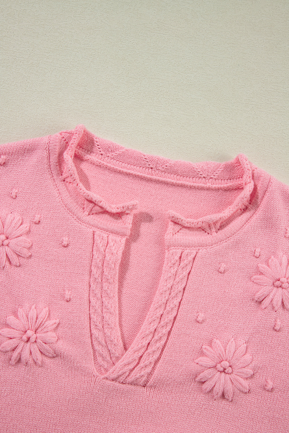 Peach Blossom Flower Detail Knitted Notched Neck Sweater