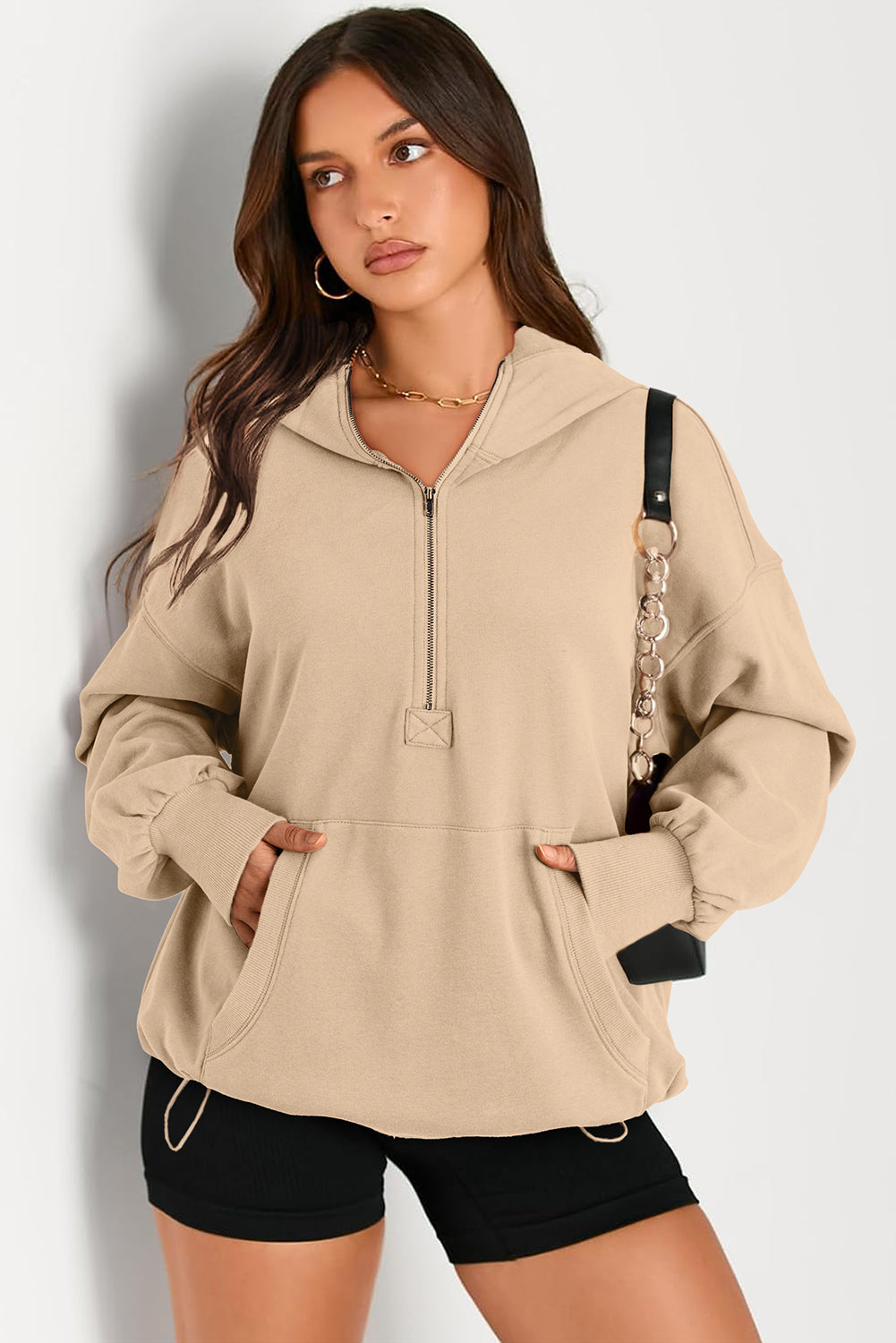 Smoke Green Solid Kangaroo Pocket Half Zipper Oversized Hoodie