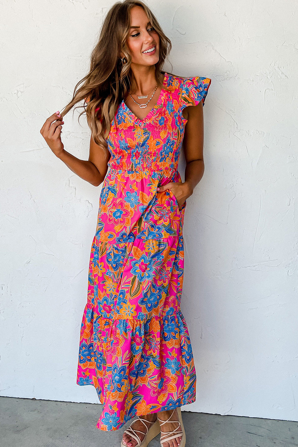 Boho Floral V Neck Ruffle Tiered Long Dress