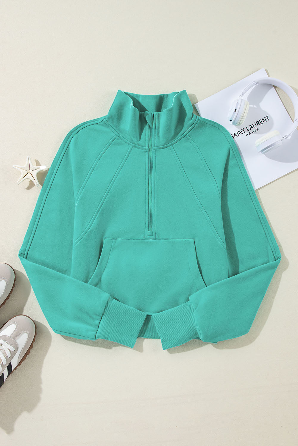 Bonbon Fleece Lined Zip Up Stand Collar Thumbhole Sleeve Sweatshirt