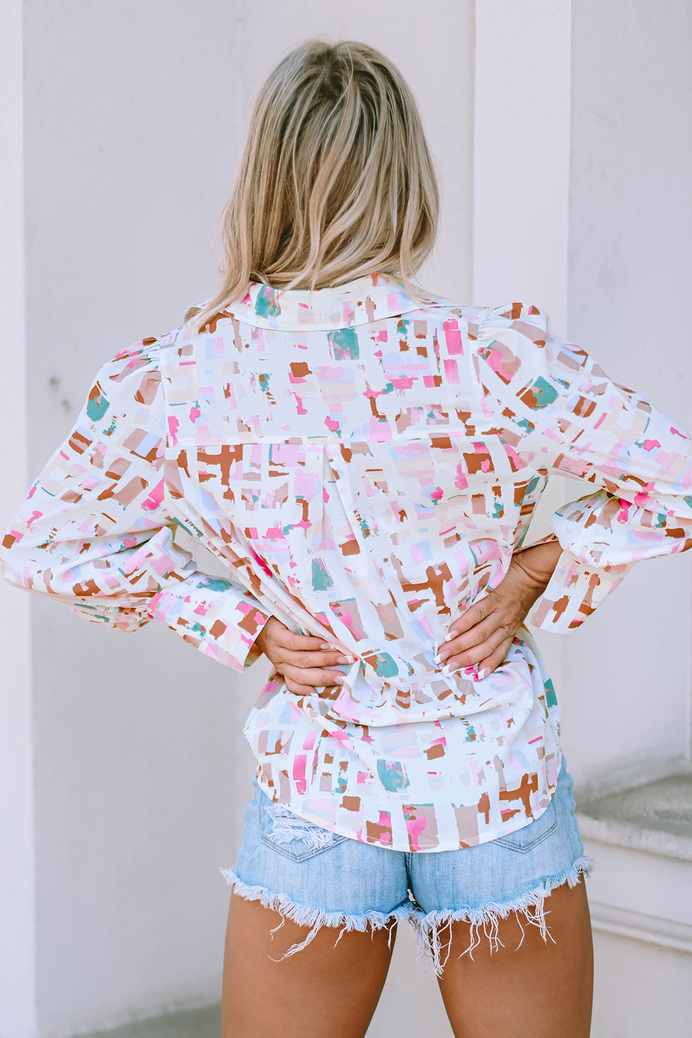 Multicolor Abstract Print Lantern Sleeve Casual Shirt