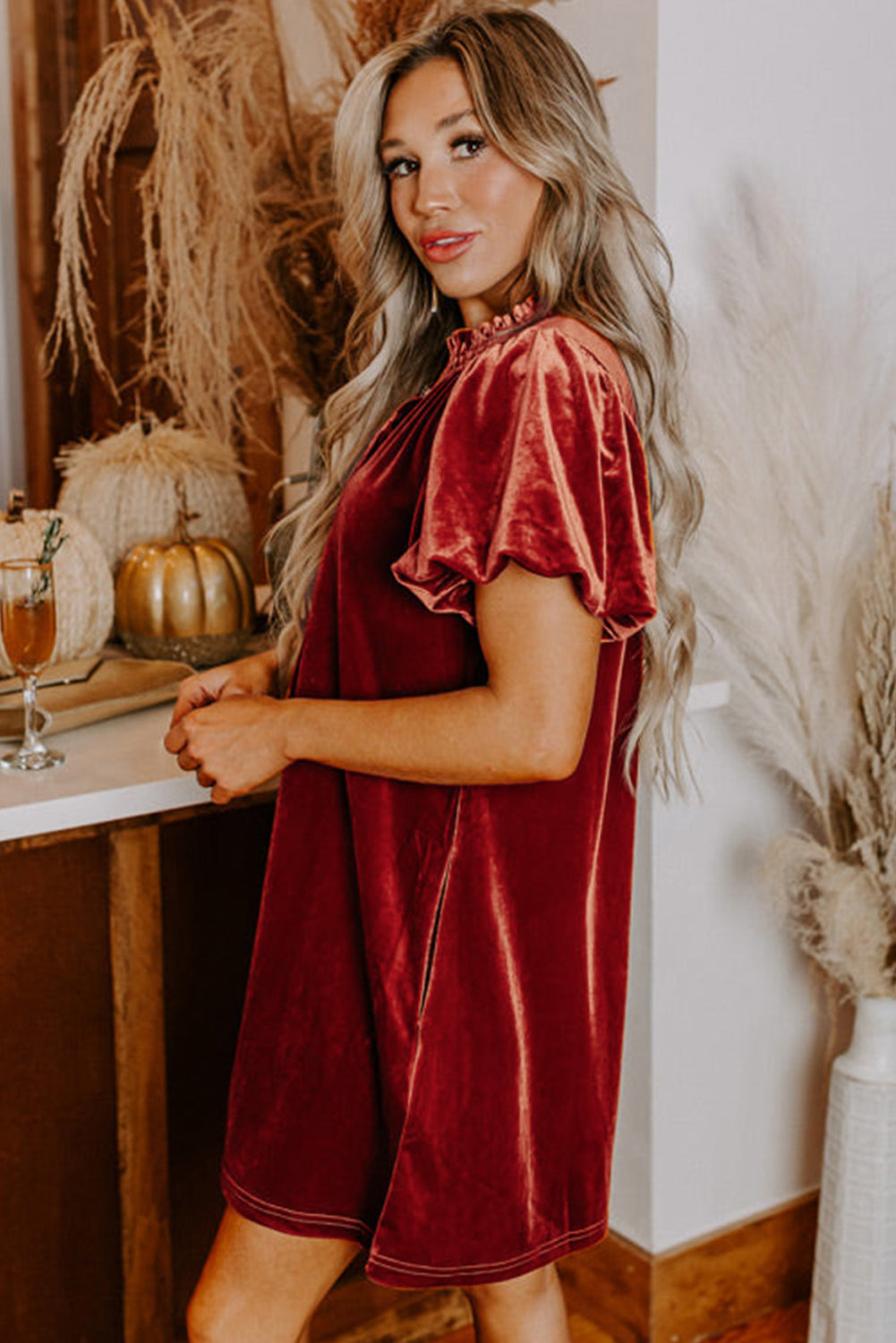 Velvet Puff Sleeve Mini Dress